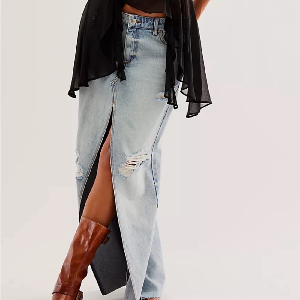 We Are The Free Asymmetrical High Waist Maxi Denim Skirt